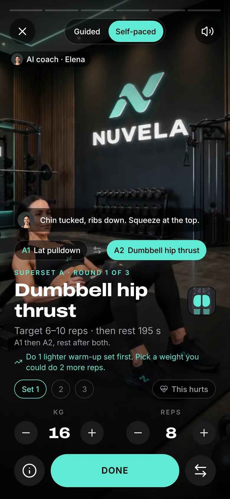The workout player: weight, reps and a coach cue for the set