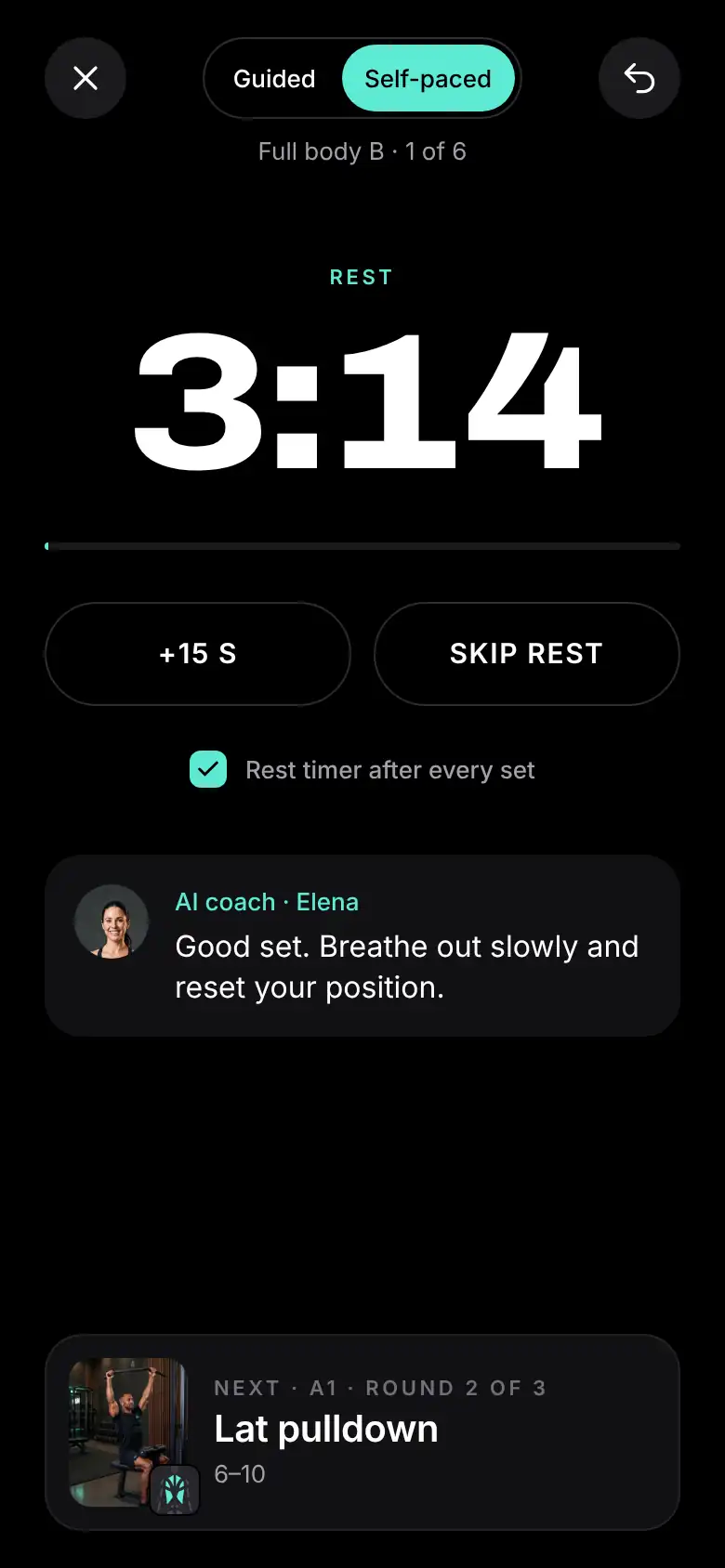 The rest timer with a note from the coach