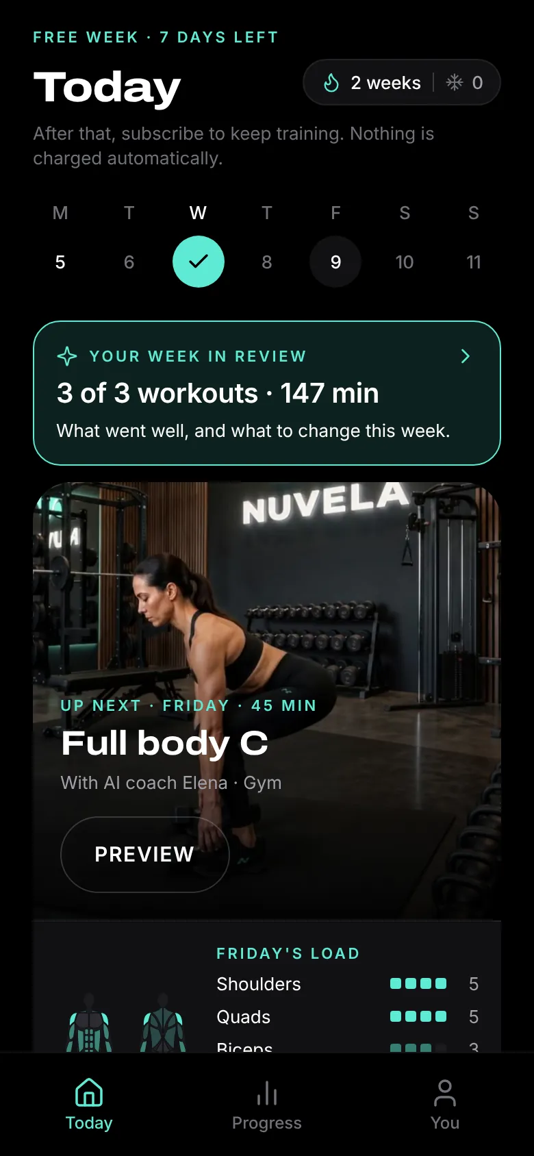 The Today screen: this week, the next workout and how much it loads each muscle
